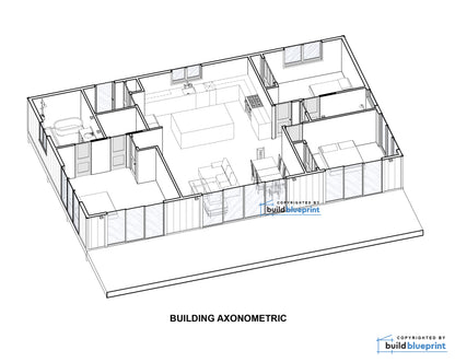 An isometric line drawing of a house floor plan labeled 'BUILDING AXONOMETRIC,' showing rooms, walls, windows, and furniture outlines on a white background with a small 'build blueprint' mark.