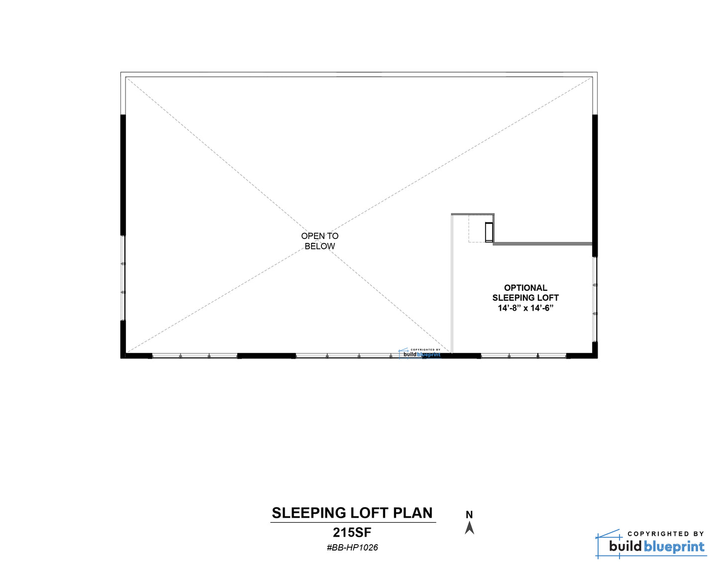 A black-and-white architectural floor plan labeled 'SLEEPING LOFT PLAN' with dimensions and notes, including 'OPTIONAL SLEEPING LOFT 14'2" x 14'6"'.