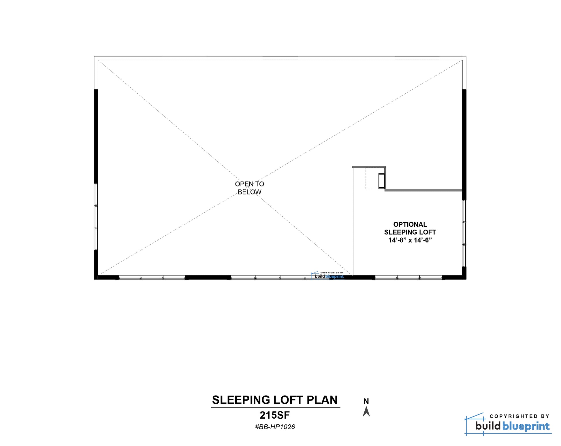 A black-and-white architectural floor plan labeled 'SLEEPING LOFT PLAN' with dimensions and notes, including 'OPTIONAL SLEEPING LOFT 14'2" x 14'6"'.