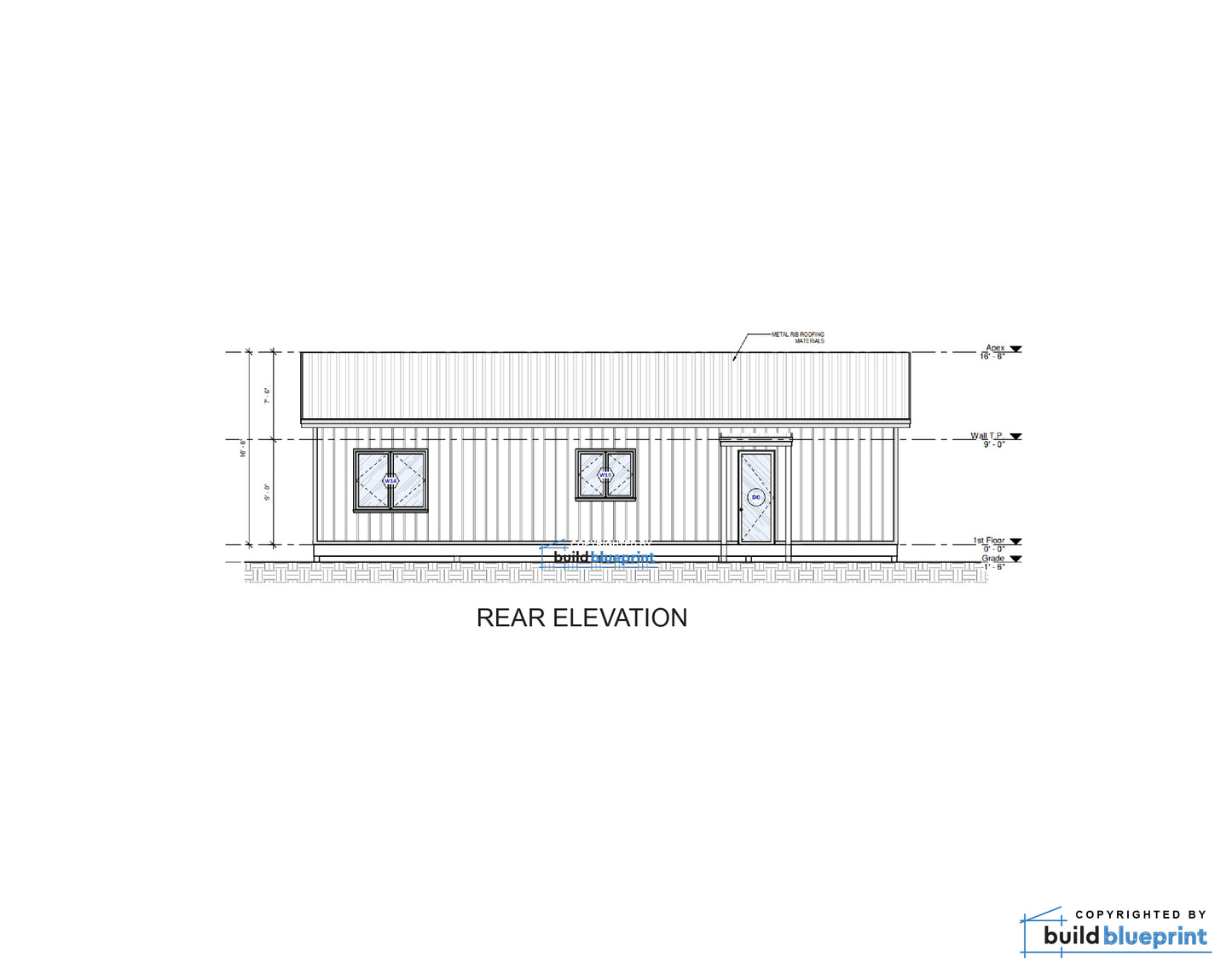 A technical rear elevation drawing of a small modular home or shed, showing side dimensions, windows, and a door with a blue 'build blueprint' watermark across the center.