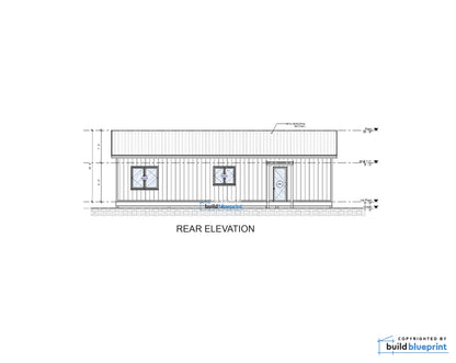 A technical rear elevation drawing of a small modular home or shed, showing side dimensions, windows, and a door with a blue 'build blueprint' watermark across the center.