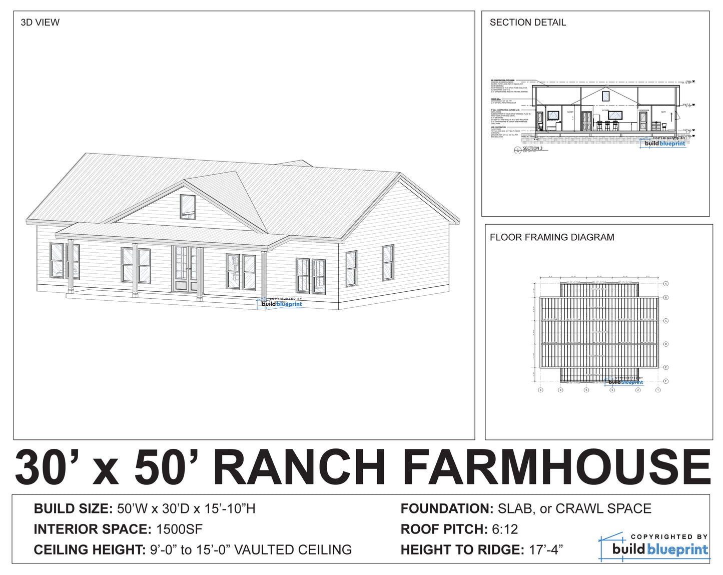 30' x 50' Ranch Farmhouse Architectural Plans