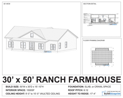 30' x 50' Ranch Farmhouse Architectural Plans