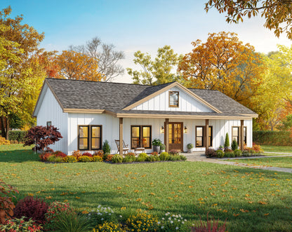 A single-story farmhouse-style home with white siding, a dark gray shingled roof, and a front porch, shown in a landscaped yard with autumn trees and a green lawn.