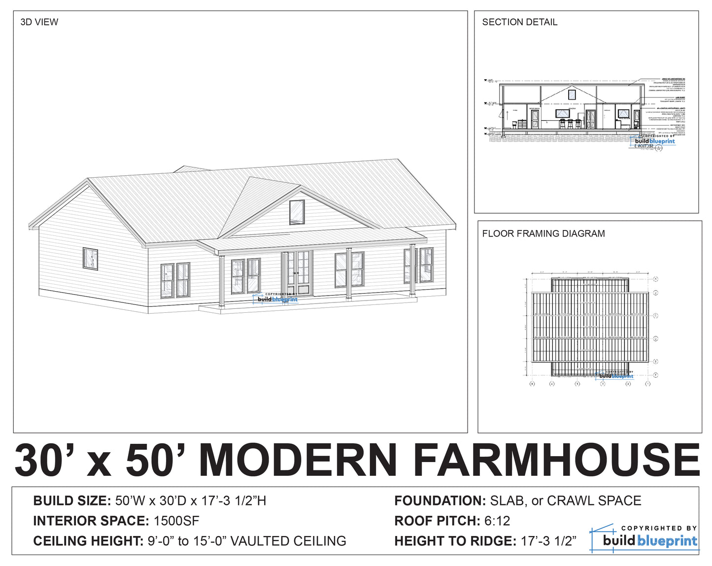 Architectural blueprint and 3D rendering of a 30' x 50' modern farmhouse house plan, showing a 30-view house elevation, section detail, floor framing diagram, and specifications on a white background.