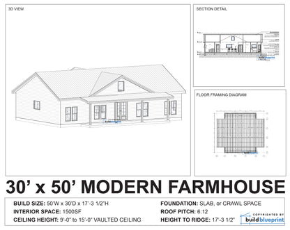 Architectural blueprint and 3D rendering of a 30' x 50' modern farmhouse house plan, showing a 30-view house elevation, section detail, floor framing diagram, and specifications on a white background.