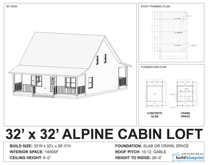 32' x 32' Alpine Cabin Architectural Plans