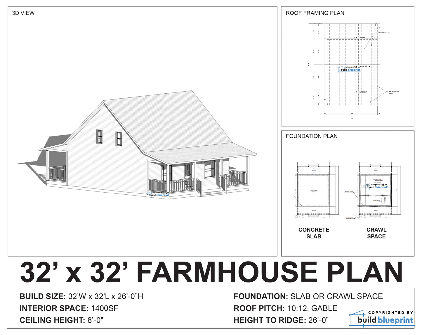 32' x 32' Farmhouse Architectural Plans