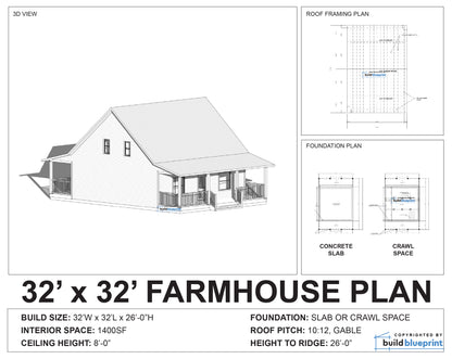 32' x 32' Farmhouse Architectural Plans