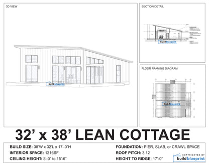 32' x 38' Lean Cabin Architectural Plans