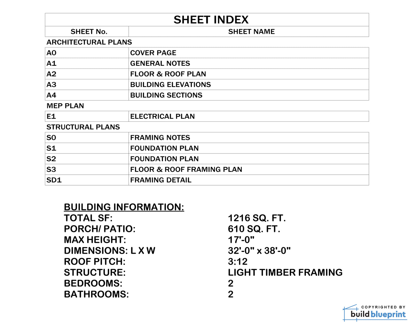 32' x 38' Lean Cabin Architectural Plans