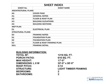 32' x 38' Lean Cabin Architectural Plans