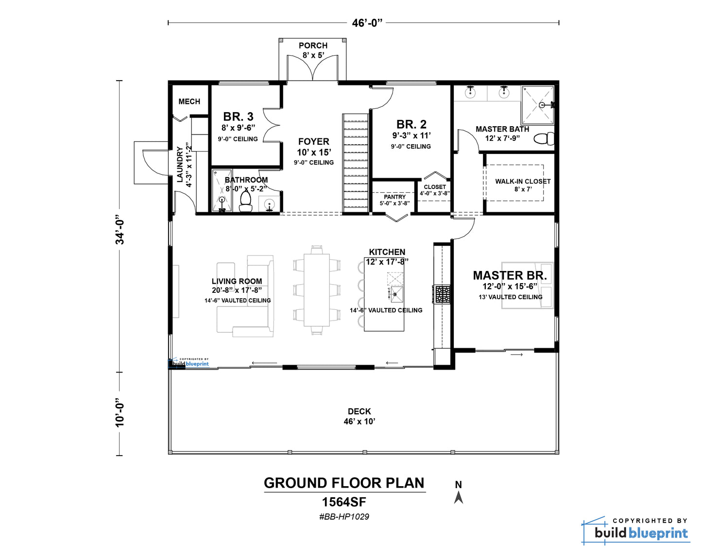 34' x 46' Lean Cottage Walkout Basement Architectural Plans