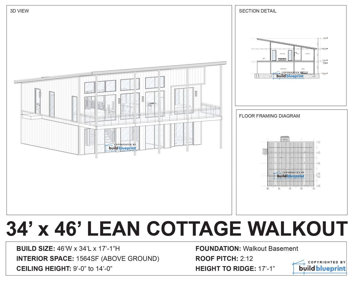 34' x 46' Lean Cottage Walkout Basement Architectural Plans