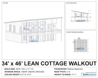 34' x 46' Lean Cottage Walkout Basement Architectural Plans