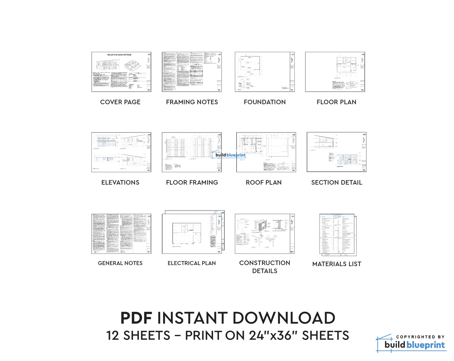 34' x 46' Lean Cottage Walkout Basement Architectural Plans