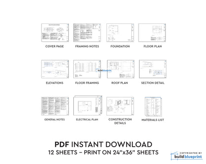 34' x 46' Lean Cottage Walkout Basement Architectural Plans