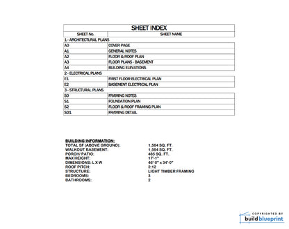 34' x 46' Lean Cottage Walkout Basement Architectural Plans