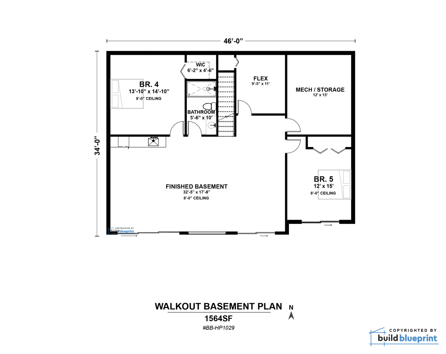 34' x 46' Lean Cottage Walkout Basement Architectural Plans