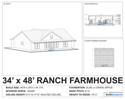 34' x 48' Modern Farmhouse Architectural Plans