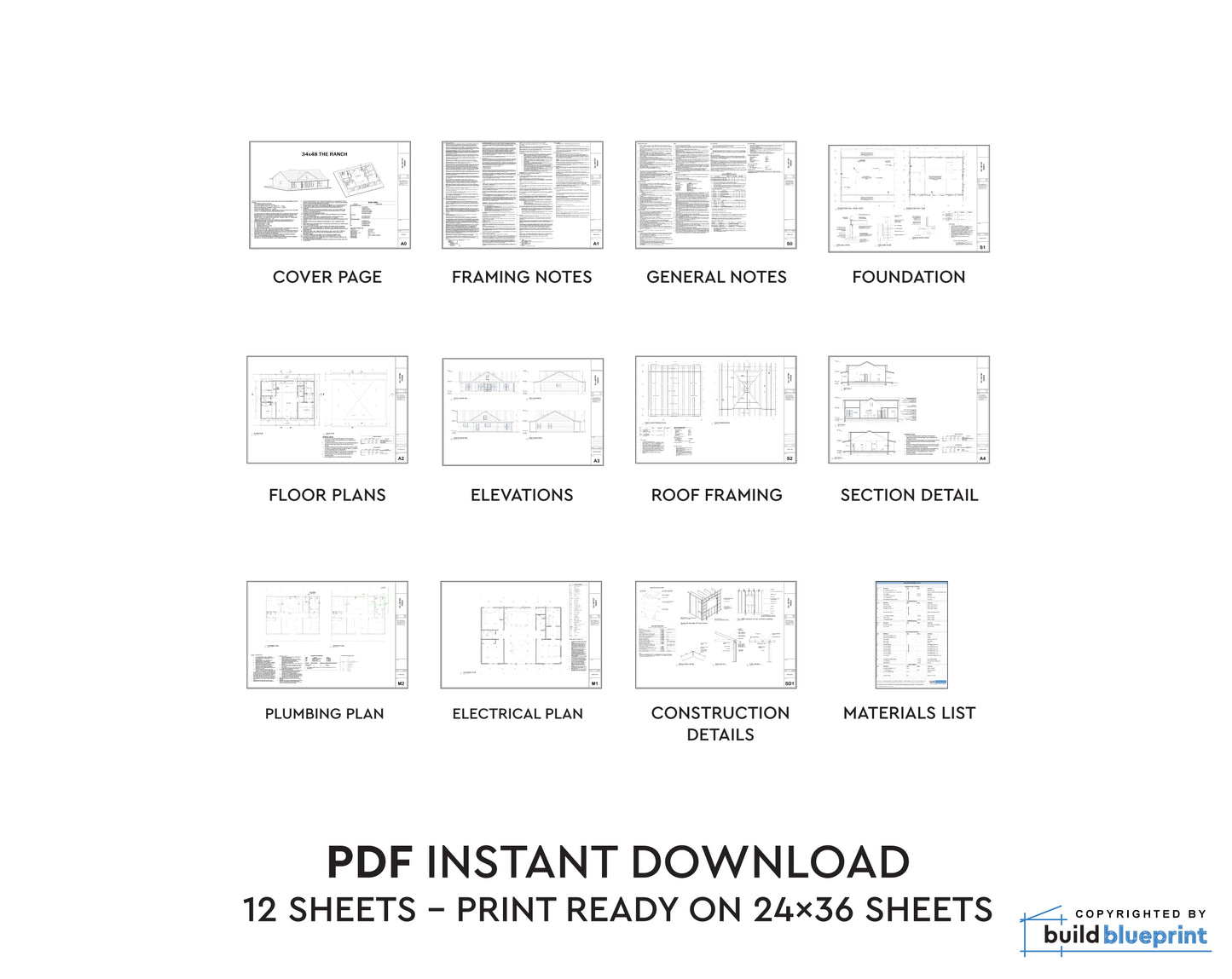 34' x 48' Modern Farmhouse Architectural Plans