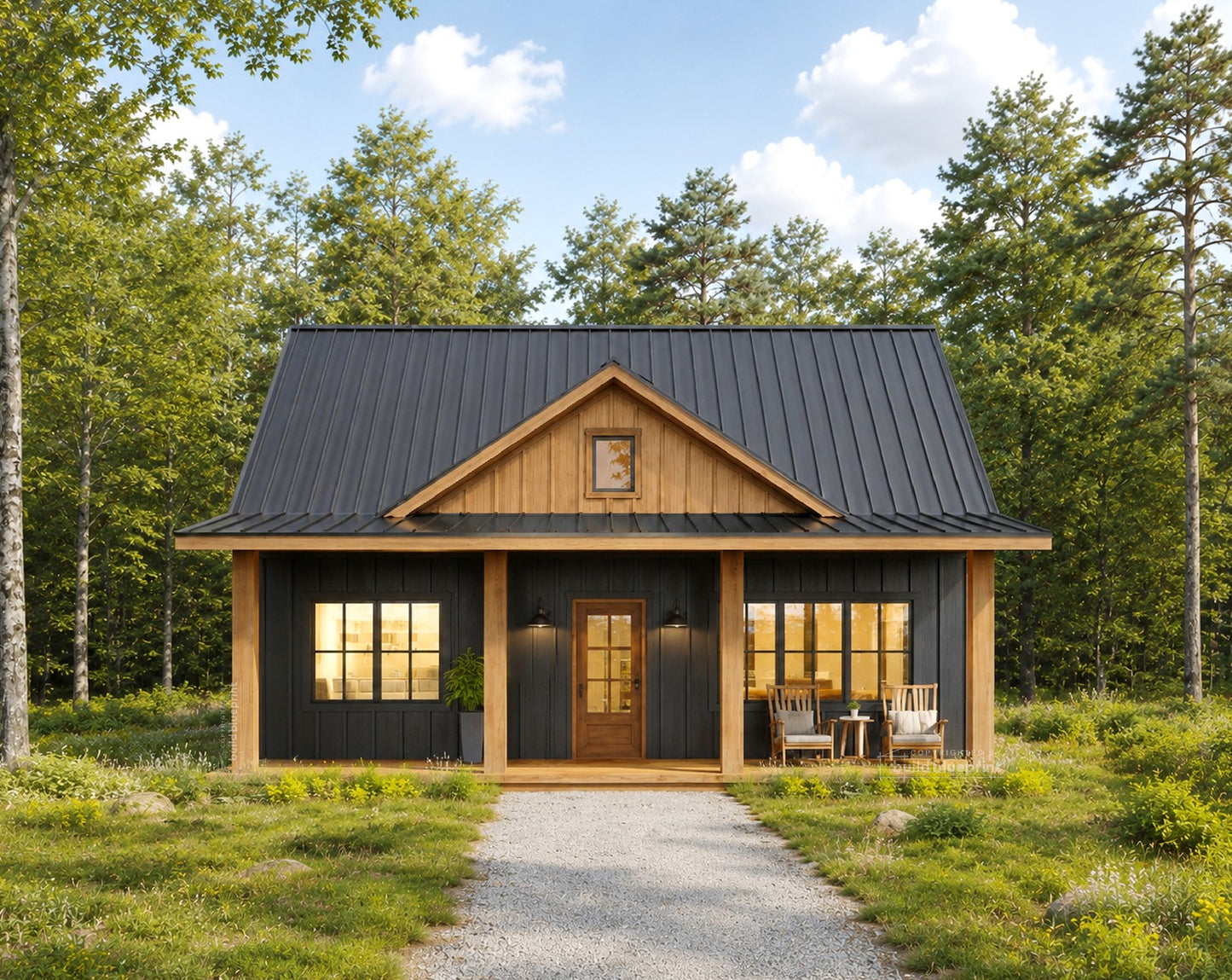 A modern single-story cabin with a dark metal roof, light wood siding, and a gravel path leading to the front porch, surrounded by a dense green forest under a blue sky.