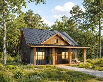 A modern single-story cabin with dark charcoal metal siding and a dark metal roof, featuring warm wood trim, a front porch with wooden posts, and large windows. The cabin is situated in a lush green forest with a gravel driveway leading up to it under a blue sky with white clouds.