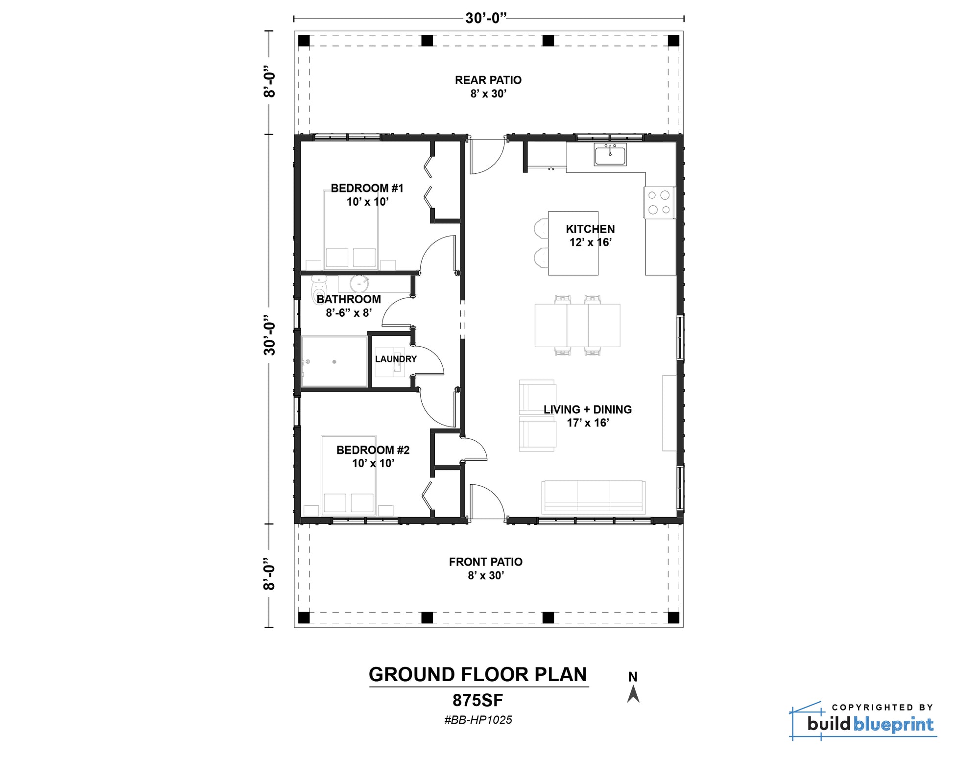 A floor plan layout diagram for a ground floor plan, showing room labels, dimensions, and front and rear patio measurements on a white background with a small 'buildblueprint' copyright mark in the bottom right corner.