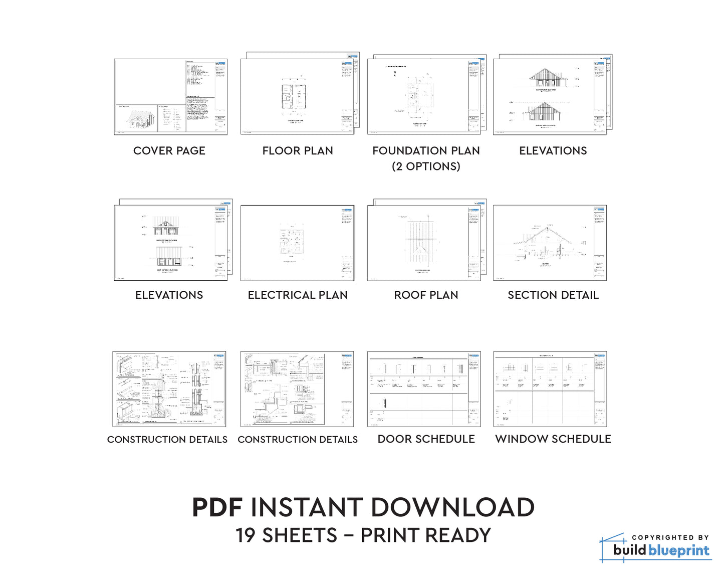 A digital preview sheet showing multiple labeled architectural plan pages for a house, including cover page, floor plan, foundation plan, elevations, electrical plan, roof plan, section detail, construction details, door schedule, window schedule, and a note reading PDF INSTANT DOWNLOAD with 19 sheets print ready. A small 'build blueprint' mark appears in the bottom right.