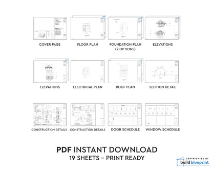 A digital preview sheet showing multiple labeled architectural plan pages for a house, including cover page, floor plan, foundation plan, elevations, electrical plan, roof plan, section detail, construction details, door schedule, window schedule, and a note reading PDF INSTANT DOWNLOAD with 19 sheets print ready. A small 'build blueprint' mark appears in the bottom right.