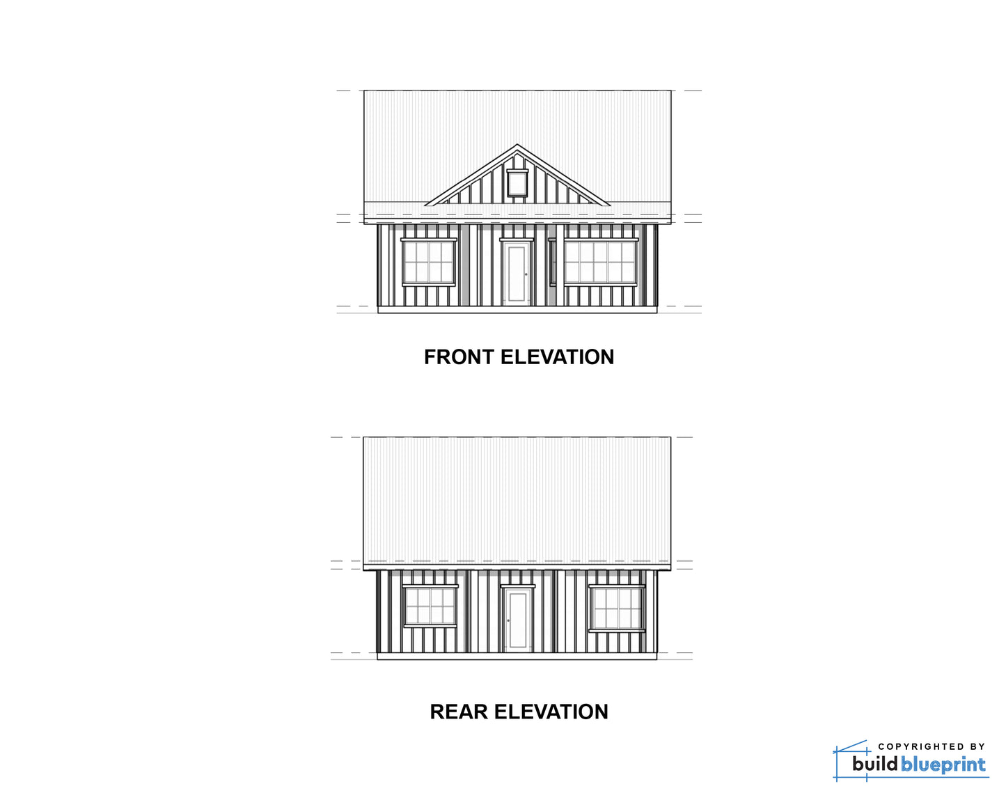 Architectural house plan showing front and rear elevation drawings with black line art on a white background, plus a small 'copyrighted by buildblueprint' mark in the lower right.