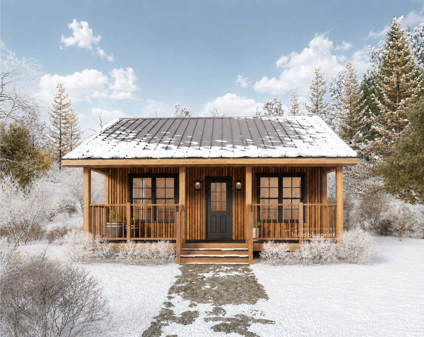 A small wooden cabin with a dark metal roof, snow on the roof and around it, trees, shrubs, and a snowy path in front. No people or animals are present.