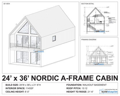 24' x 36' Nordic Cabin Walkout Basement Architectural Plans