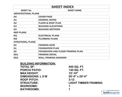 20' x 20' Lean Cottage Architectural Plans