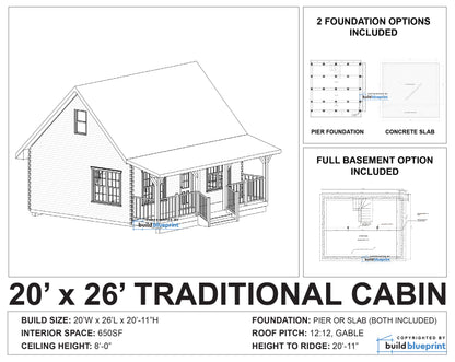 20' x 26' Traditional American Cabin Architectural Plans