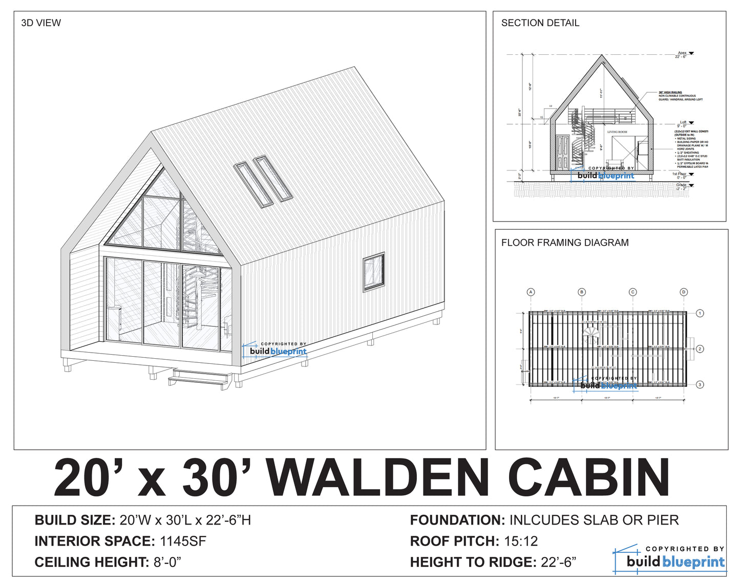 20' x 30' Walden Cabin Architectural Plans