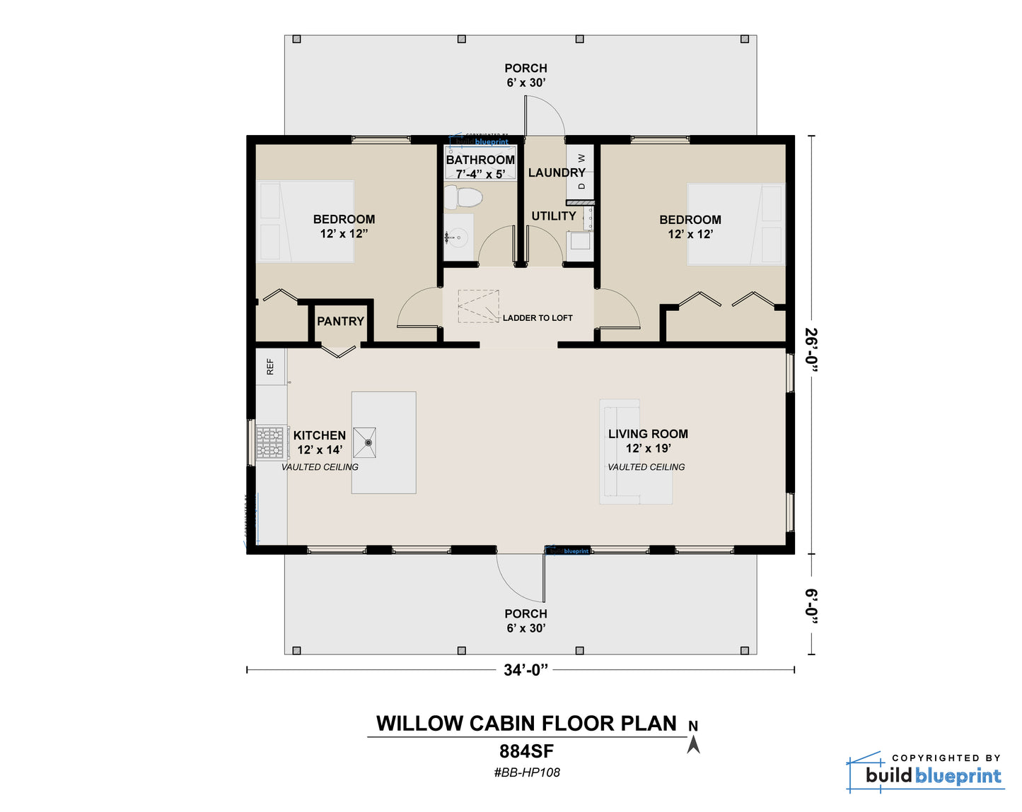 26' x 34' Willow Cabin Architectural Plans