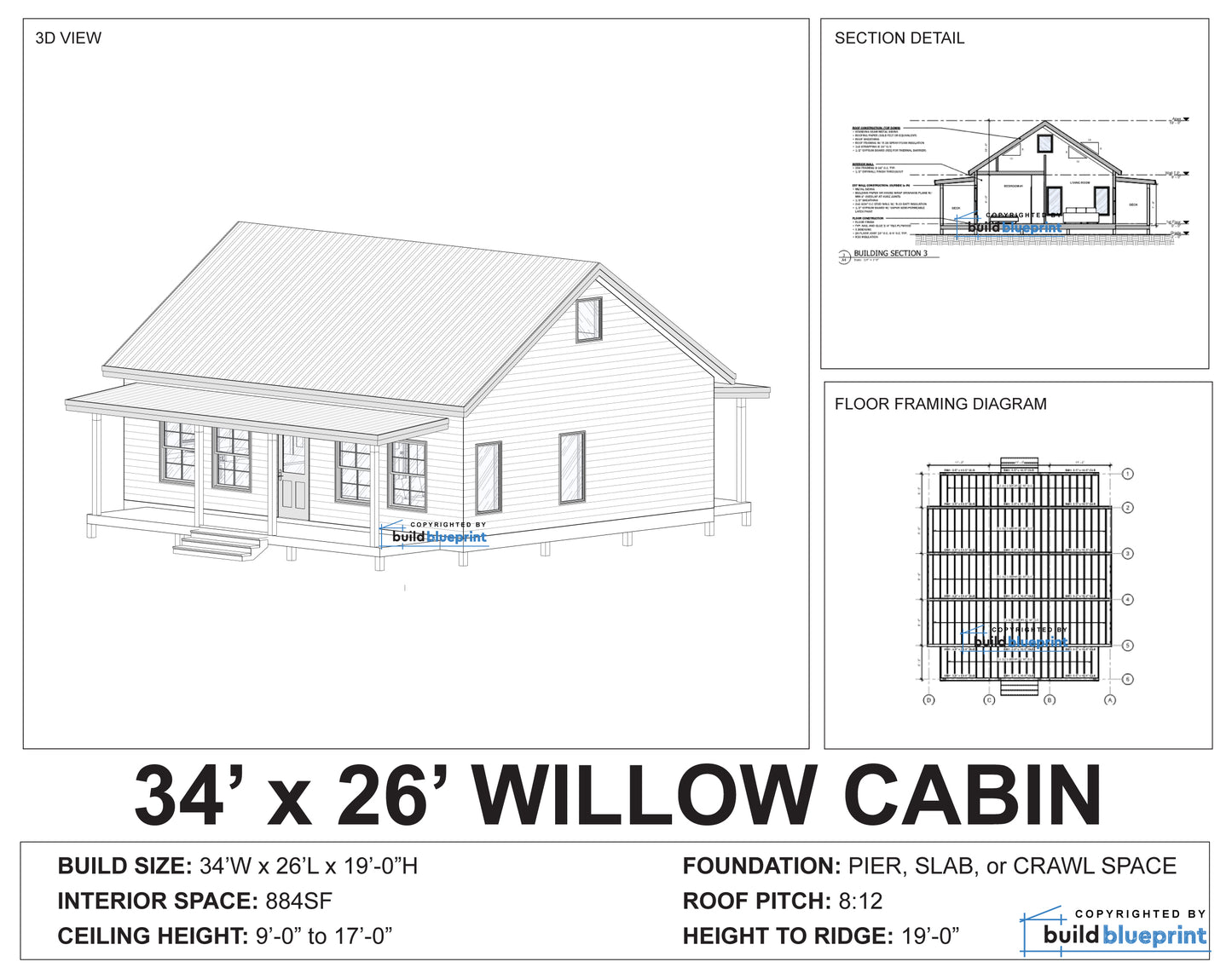 26' x 34' Willow Cabin Architectural Plans