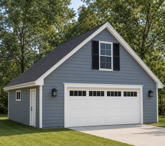 A gray exterior garage with a white double door, white trim, black shutters, and black wall lanterns, shown outdoors with grass, trees, and a driveway.