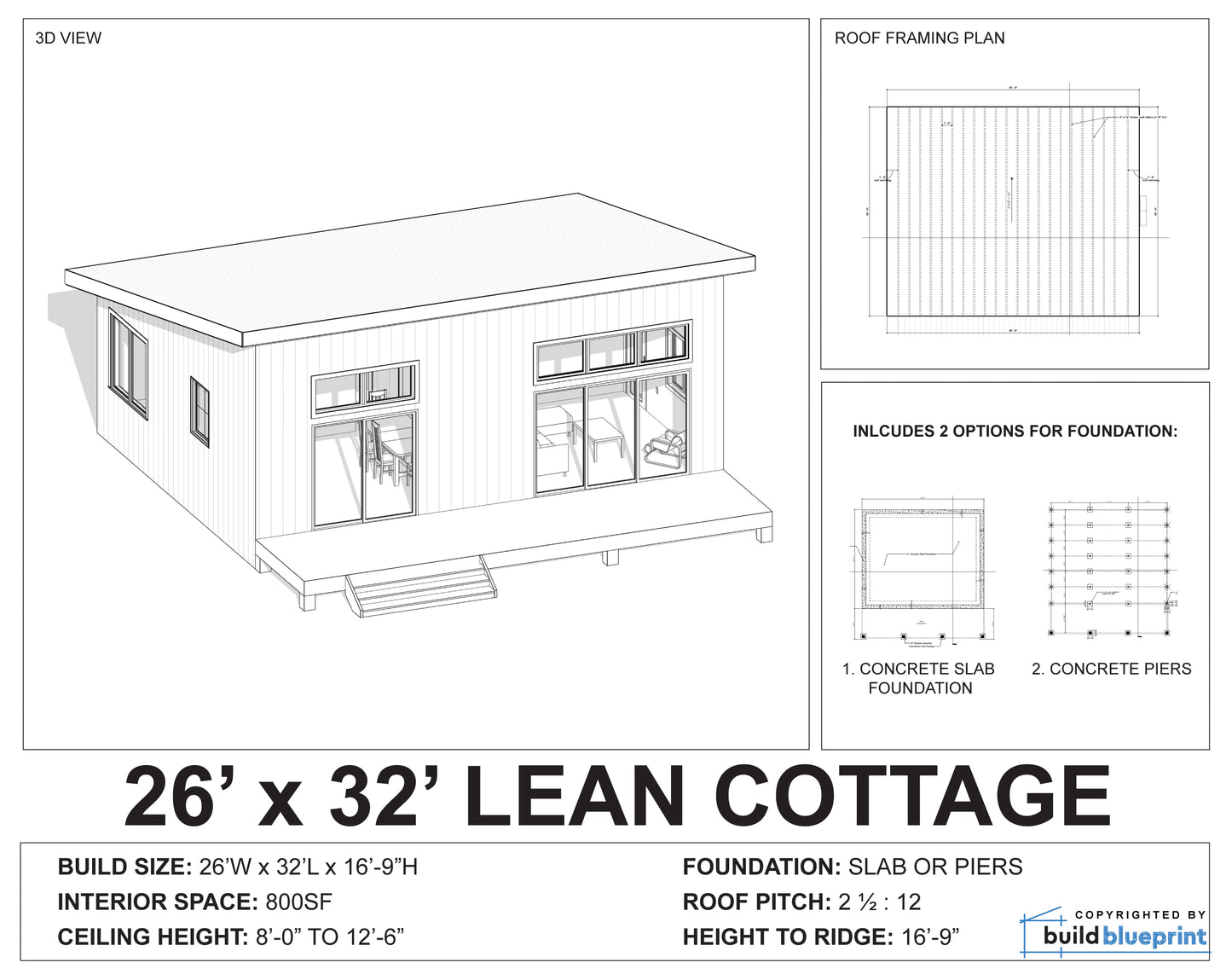 26' x 32' Lean Cabin Architectural Plans