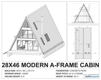 28' x 46' Large Modern A-Frame Cabin Architectural Plans