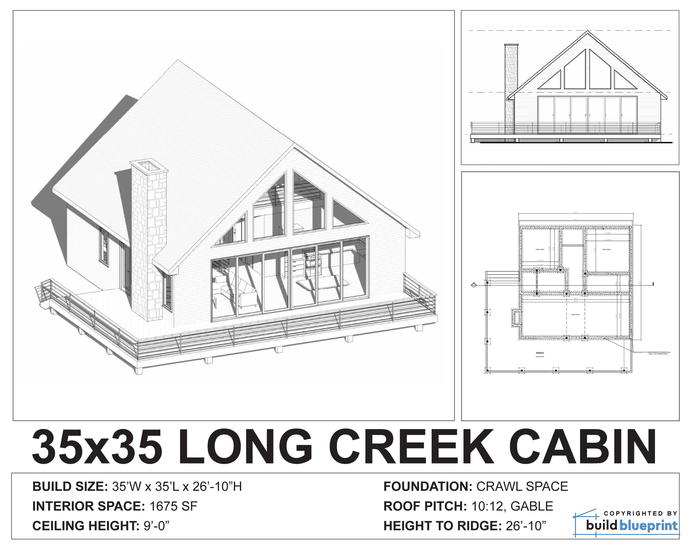 35' x 35' Long Creek Modern Cabin Architectural Plans – Build Blueprint