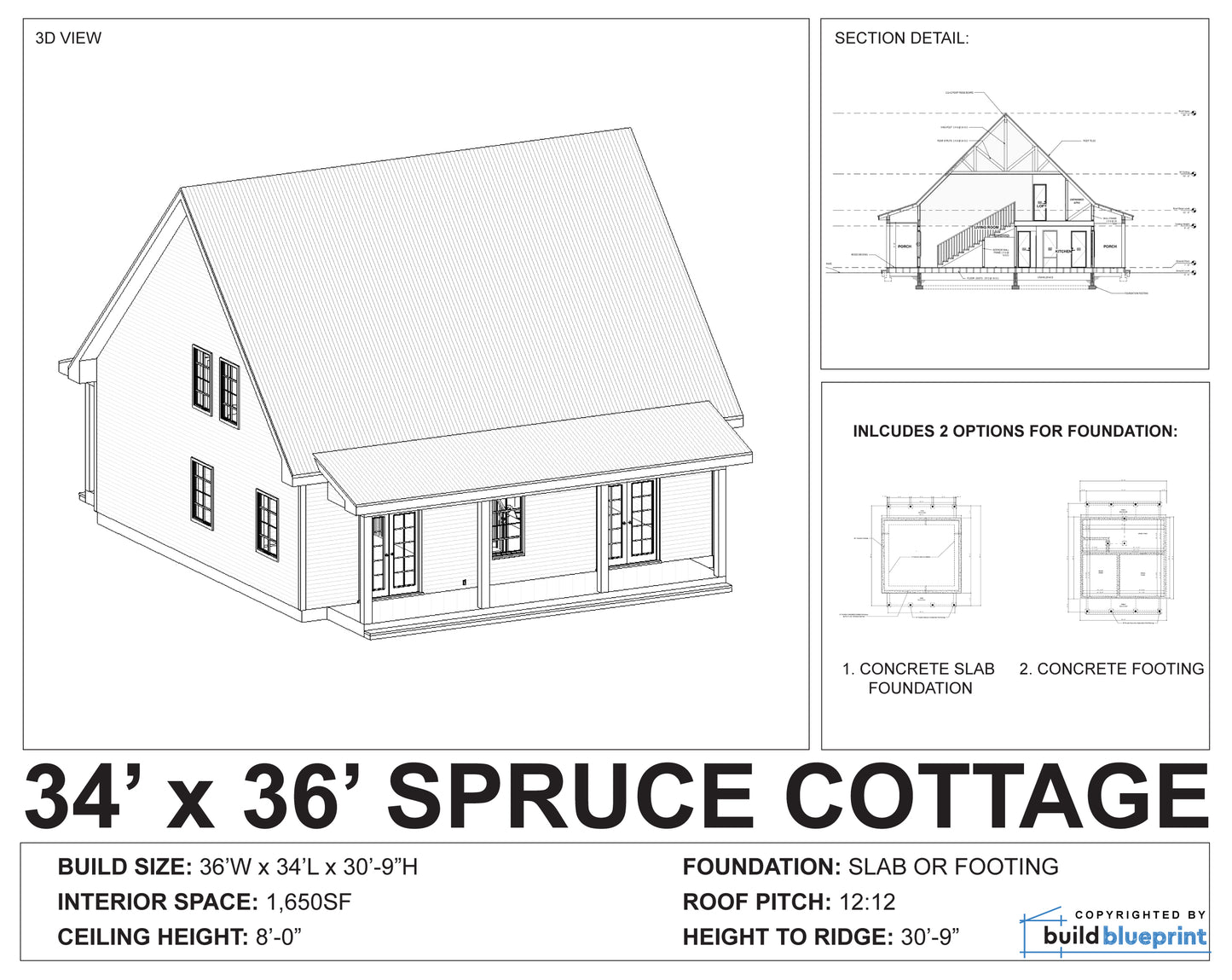 34' x 36' Spruce Cabin Architectural Plans